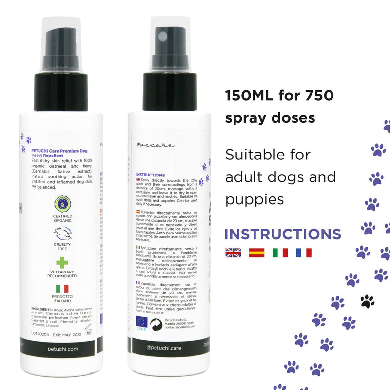 PETUCHI Itchy Skin Relief for Dogs; Spray with Hemp and Oatmeal; 100% Natural for Sensitive and Irritated Dog Skin; 150ml - PawsPlanet Australia