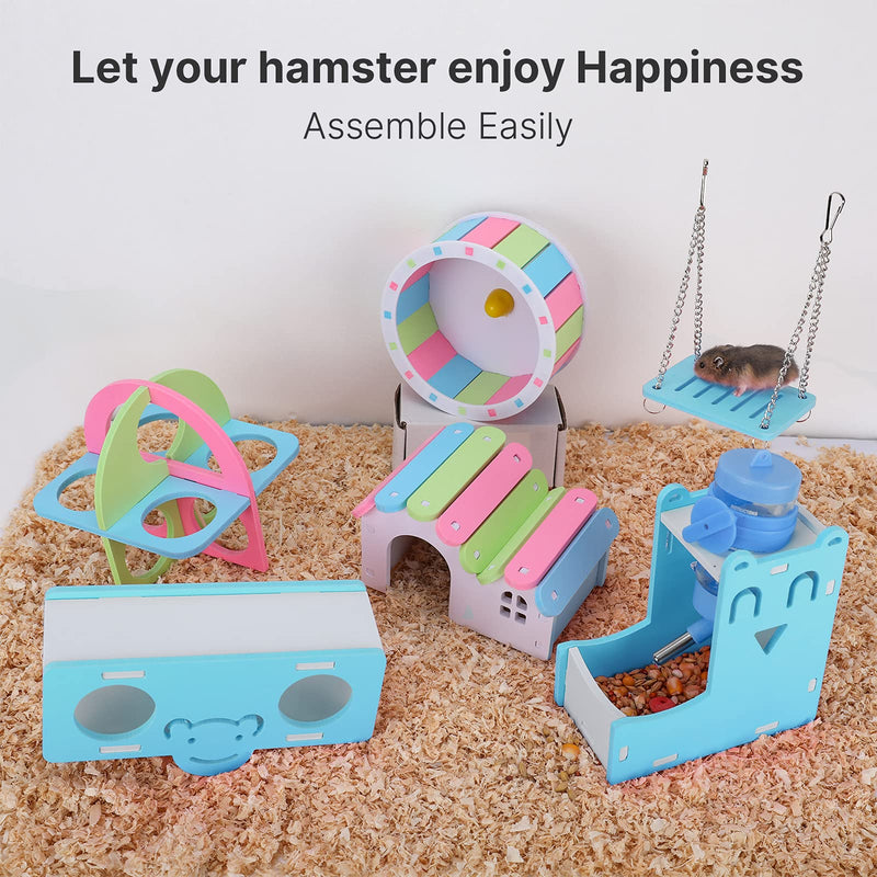 Kesoin Hamster Toys Wheel Cage Accessories for Dwarf Hamster Wooden House Hideout Syrian Hamster Exercise Wheel Water Bottle with Holder Blue Hamster Toys 7 Pack - PawsPlanet Australia