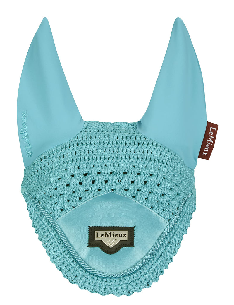 LeMieux Loire Horse Fly Hood in Azure - Stylish Hand Knitted Crotchet - Soft Stretchy Comfortable Lycra Ears Luxurious Satin Front Fly Protection Mask M - PawsPlanet Australia