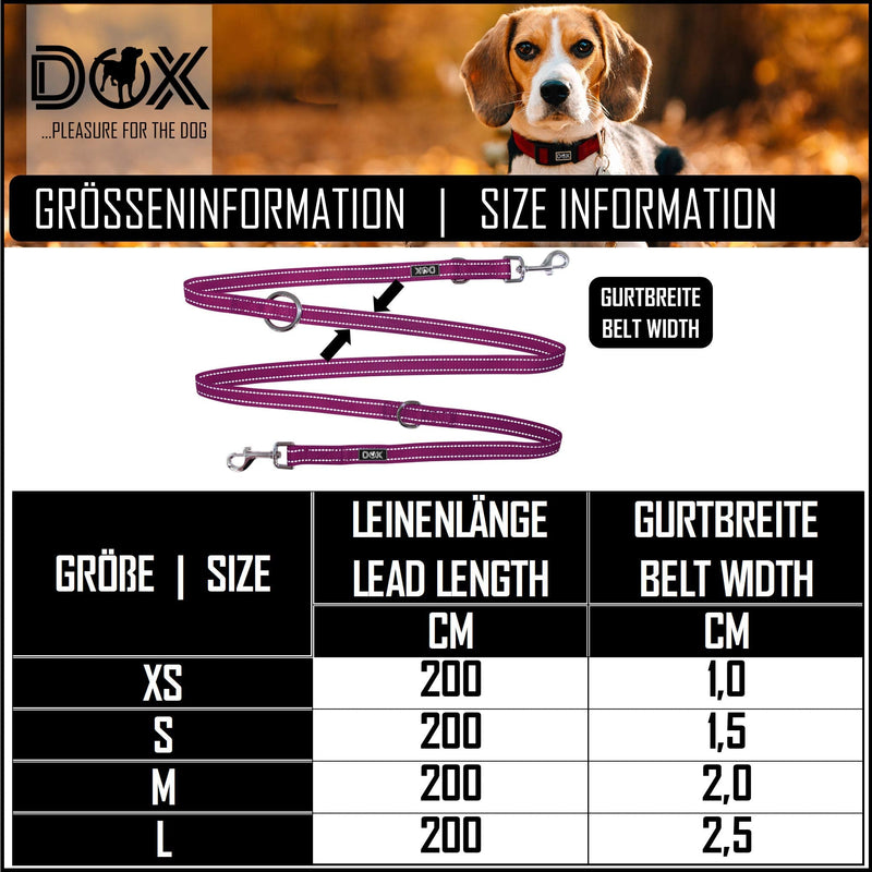 DDOXX dog leash nylon, reflective, 3-way adjustable, 2m | for small & large dogs | Double Leash Two Dog Cat Puppy | Towing leash | Lead leash | Running leash puppy leash | S, Purple Violet S - 1.5 x 200 cm - PawsPlanet Australia