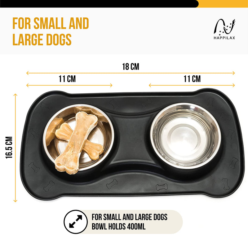 Happilax Double Dog Bowl for Small Dogs and Cats with Silicone Mat and 2 Stainless Steel Feeders S (2 x 200 ml) Black - PawsPlanet Australia