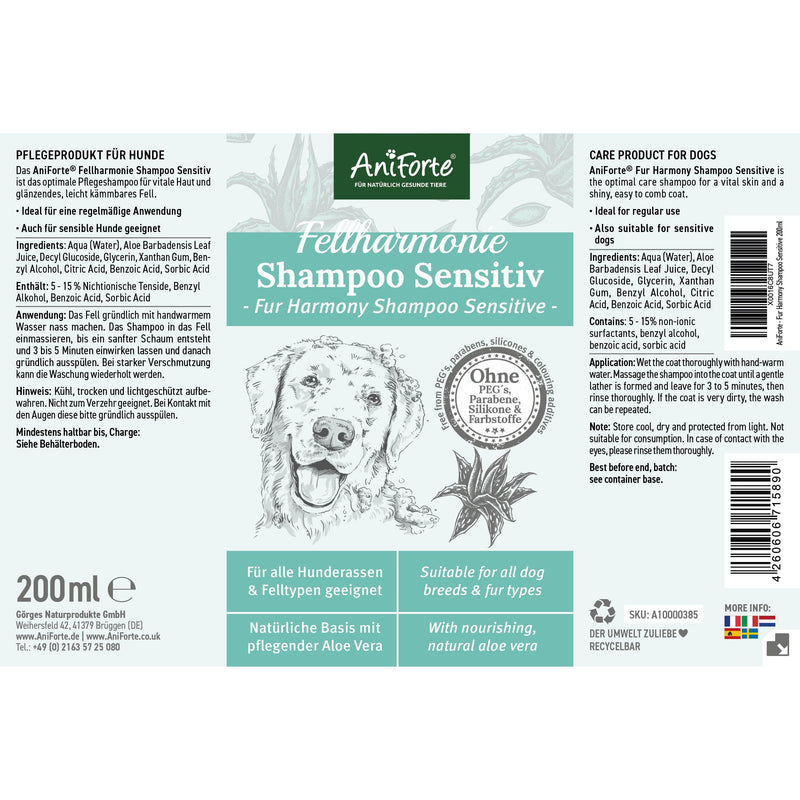 AniForte Fellharmonie Sensitive Dog Shampoo with Aloe Vera 200ml - For easy-to-comb fur and vital skin, care shampoo for sensitive dogs, free of dyes and perfume - PawsPlanet Australia