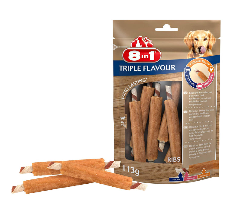 8in1 Triple Flavor Wings Chew Snack 6 Pieces Wrapped with Chicken Fillet, 1 Pack (113 g) Ribs - PawsPlanet Australia