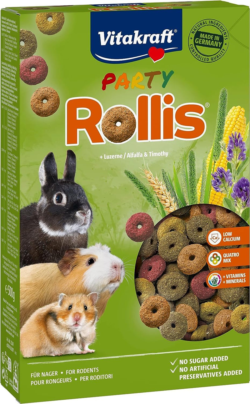 Vitakraft Party Rollis, crunchy rings for rodents, low in calcium, with grain, with alfalfa, as a supplement to the main food or as a snack in between (7x 500g) - PawsPlanet Australia