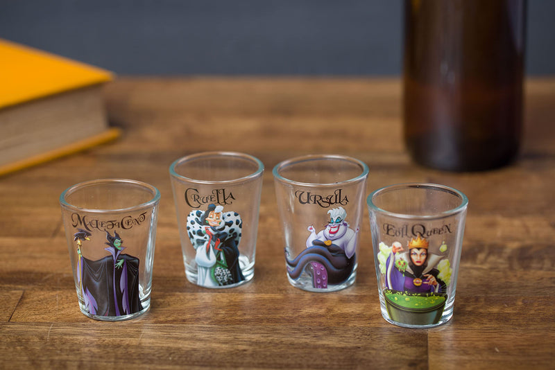 Silver Buffalo Disney Villains Queen, Cruella, Malificent, and Ursula 4-piece Mini Glass Set, 1-Ounce Each, Clear - PawsPlanet Australia