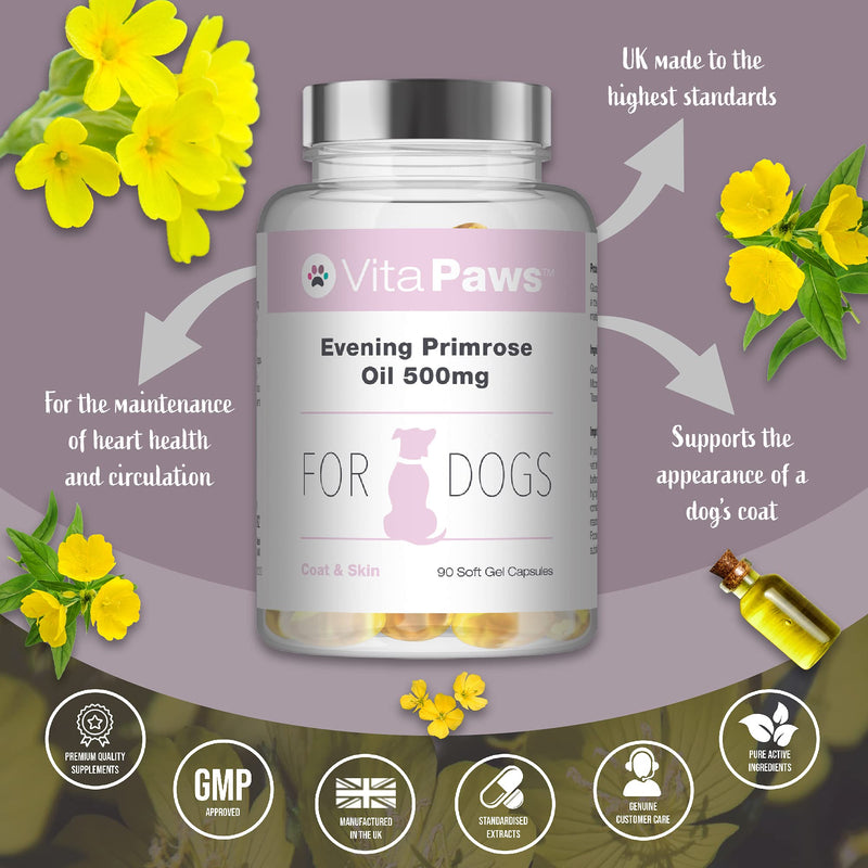 Evening Primrose Oil 500mg for Dogs by VitaPaws™ | 90 Soft Gel Capsules | for A Healthy Heart and Circulation | 100% Money Back Guarantee | Manufactured in The UK - PawsPlanet Australia