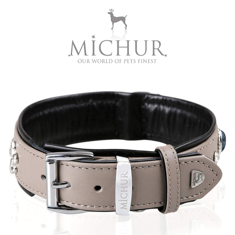 MICHUR Rodrigo dog collar leather, dog leather collar, collar, taupe, gray-black, LEATHER, with lilies, rhinestones and gray marbled stones Neck circumference 20,47-22,83" - PawsPlanet Australia