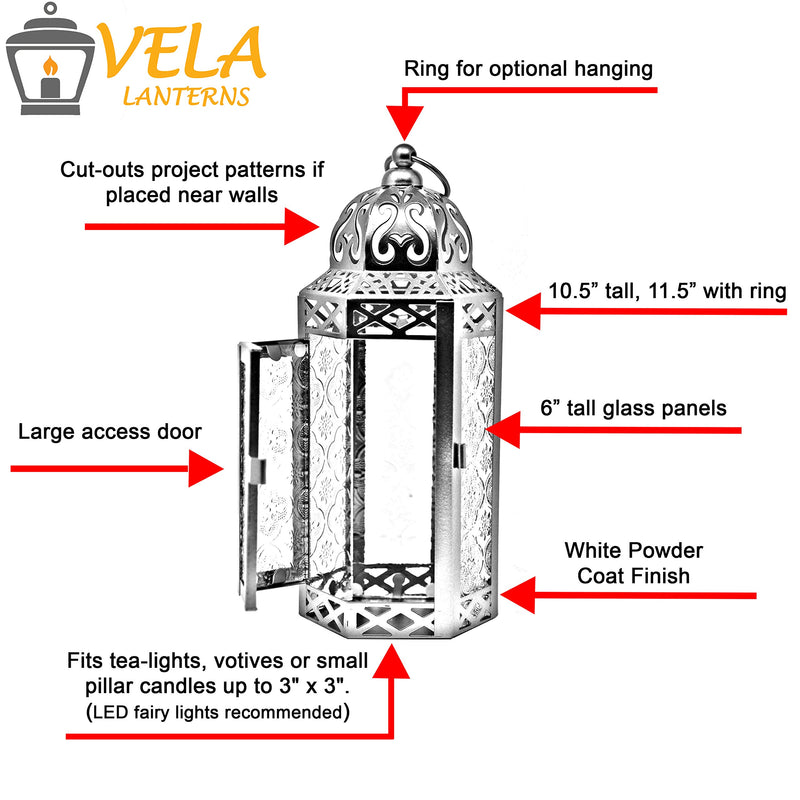 Vela Lanterns Hanging Metal Moroccan Decorative LED Fairy Lights Candle Lantern Holder for Patio, Home Decor and Weddings, Indoor Outdoor - White, Medium White/Clear 1 Unit + LEDs - PawsPlanet Australia