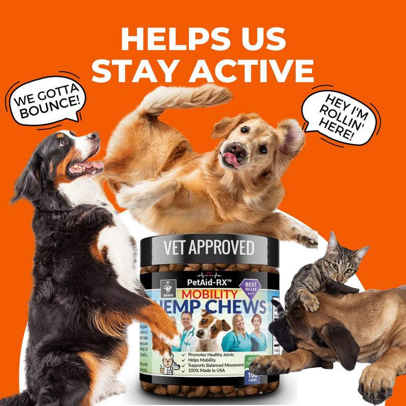 Extra Strength Hemp Mobility Treats for Dogs - More Hemp Per Treat - 100 Potent Hip and Joint Hemp Treats - Vet-Recommended - Strong Hemp, Glucosamine, MSM, Chondroitin - Fast Aid for Mobility, Pain - PawsPlanet Australia