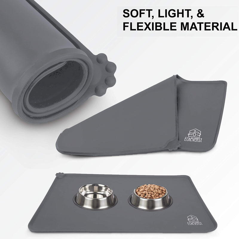Echeverst Dog & Cat Food Mat | Waterproof Silicone Pet Feeding Tray | S, M, L, XXL | Dish Placemat for Bowl Food and Water with Edges Lip | Cat | Dog | Pets 11.8" x 18.9" Grey - PawsPlanet Australia