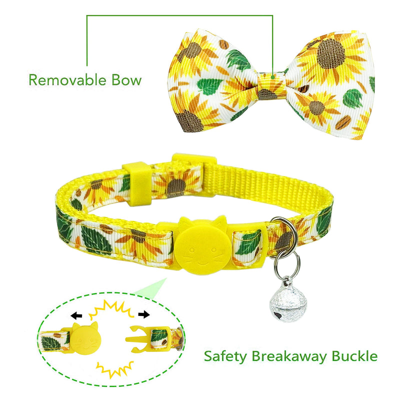 Pohshido 2 Pack Summer Cat Bowtie Collar with Bell, Holiday Safety Breakaway Buckle Kitty Kitten Collars, Assorted Pattern Availables (Adjustable Size from 7.8-12.8 inch) Blossom cherry/Sunflower - PawsPlanet Australia