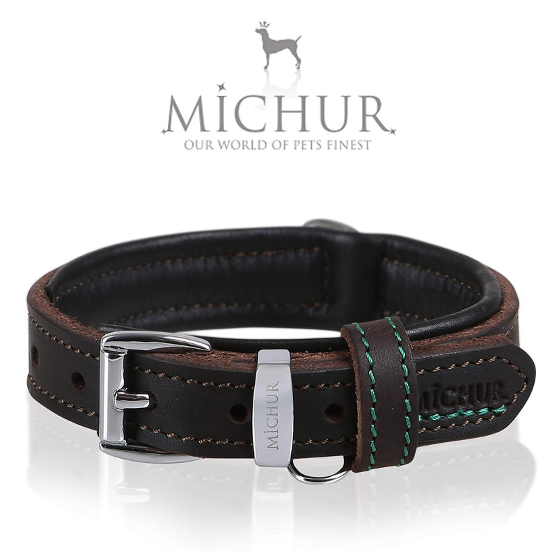 MICHUR Oleo dog collar leather, dog leather collar, collar brown, green stitching, LEATHER, Neck circumference 14,17-17,72" Neck circumference 14,17-17,72" - PawsPlanet Australia