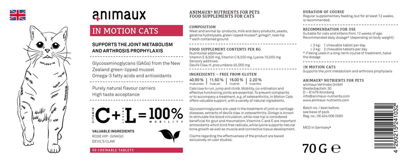 animaux - in motion cats I Chewing tablets with green-lipped mussel, devil's claw, rose hip & ginkgo I Support for bones, joints, cartilage, tendons, ligaments & locomotor system I Hyaluron & collagen - PawsPlanet Australia