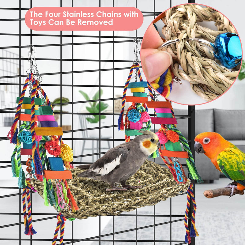 KATUMO Bird Toys, Bird Foraging Wall Toy, Edible Seagrass Woven Climbing Hammock Swing Mat with Colorful Chewing Toys, Suitable for Lovebirds, Finch, Parakeets, Budgerigars, Conure, Cockatiel - PawsPlanet Australia