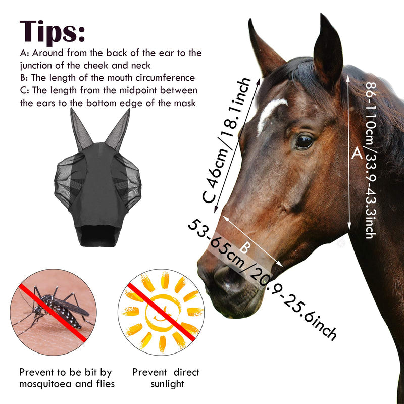 2 Pieces Horse Fly Mask Horse Mask with Ears Smooth and Elasticity Fly Mask with UV Protection Black, Grey L - PawsPlanet Australia