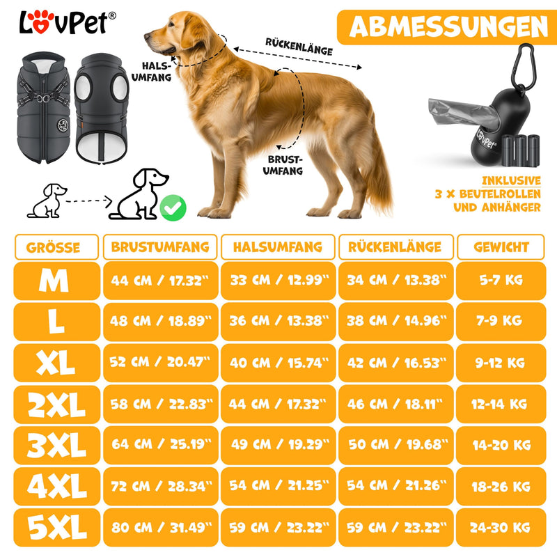 Lovpet® dog jacket dog coat with harness, including 45 poop bags + dispenser, dog winter vest lined waterproof, padded vest with chest strap, reflectors, D-ring XL, anthracite - PawsPlanet Australia