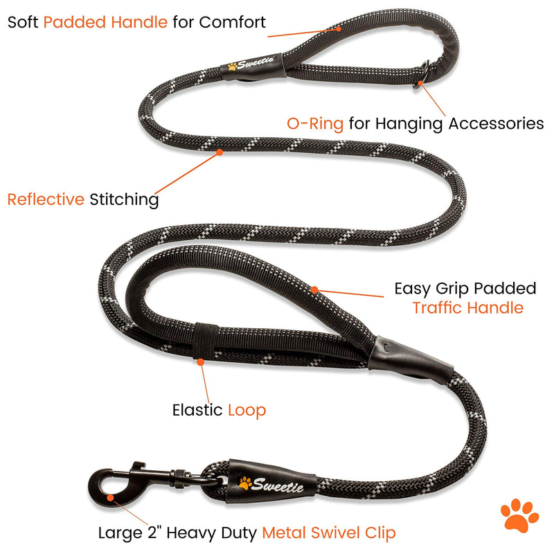 Sweetie Rope Dog Lead - Strong Leash Black with 2 Comfortable Padded Handles 5 FT for Medium & Large Size Pets - Reflective, Weather Resistant & O-Ring Dual Handle Black - PawsPlanet Australia