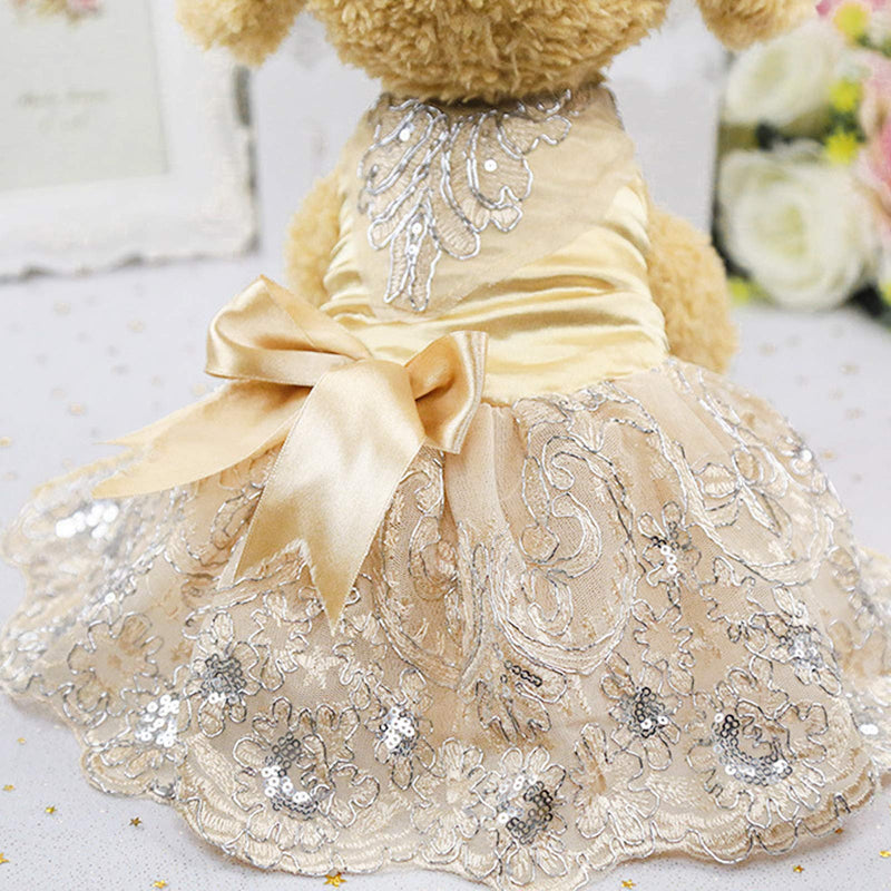 HACRAHO Dog Dress, 1 Piece Dog Lace Wedding Dresses Puppy Bowknot Embroidery Dress with Sequins for Small Puppy Dogs, Champagne, Chest Girth 16.54" L - PawsPlanet Australia