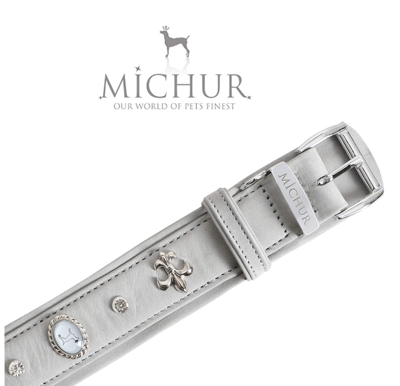 MICHUR Tipico dog collar leather, dog leather collar, collar, gray, LEATHER, with lilies, rhinestones and large Michur stone Neck circumference 12,20-14,17" - PawsPlanet Australia