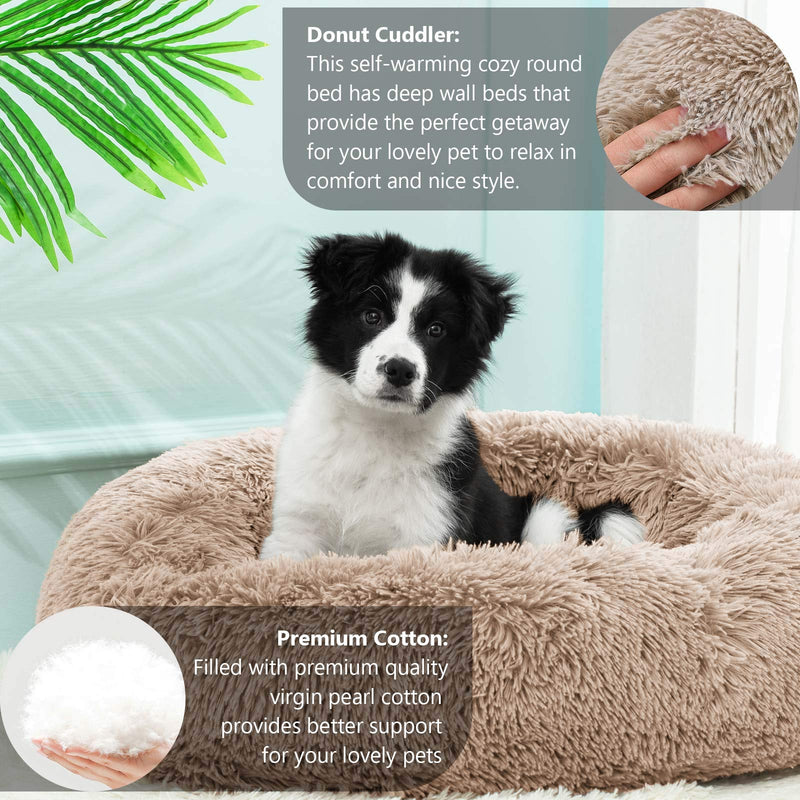 Calming Dog Bed for Small Dogs Cats Donut Dog Bed Pet Cushion Bed Plush Cat Bed Round Anti-Anxiety Dog Cuddler Bed Orthopedic Dog Bed, Machine Washable, 20inch Khaki. S (20''X20'') - PawsPlanet Australia