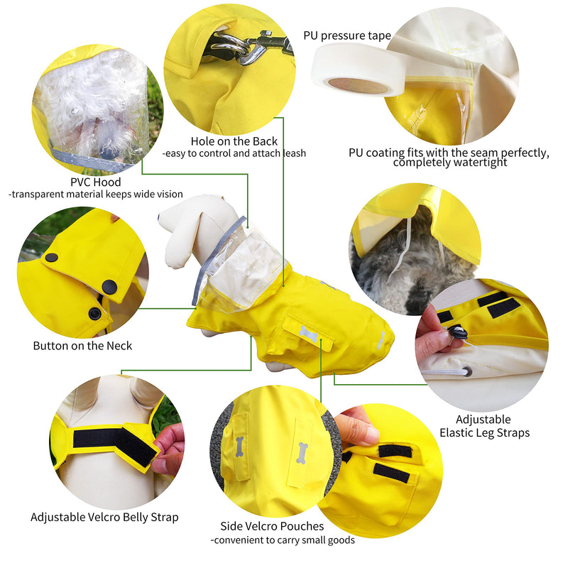 Waterproof Dog Raincoat, Adjustable Reflective Lightweight Pet Rain Clothes with Poncho Hood (Yellow, X-Small) Yellow - PawsPlanet Australia