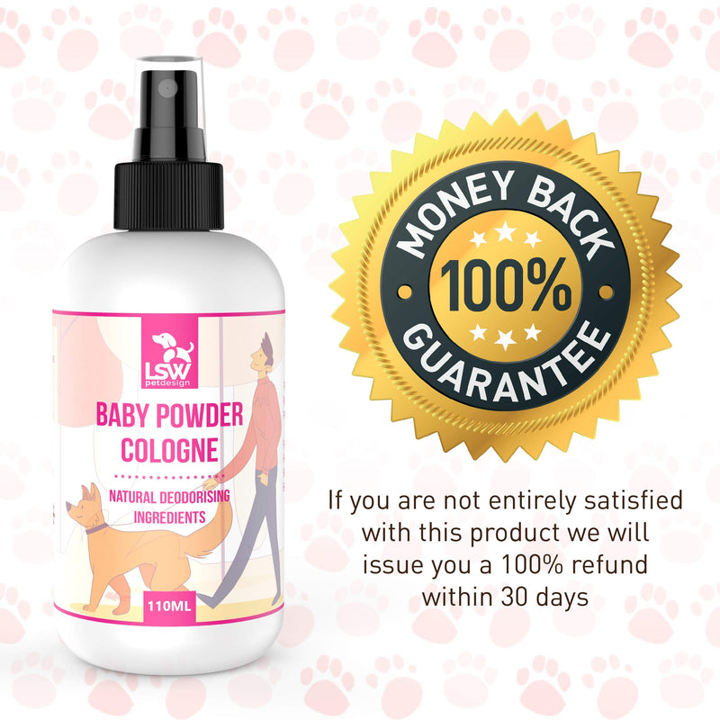 LSW Pet Design Deodorizing Pet Cologne Spray - Baby Powder Fragrance - Pet Perfume with Vitamins - Odor Control & Neutralizing Deodorant Spray for Dogs - Replenishes Skin & Coat - Made In UK - 110ml Baby Powder Fragrance 110ml - PawsPlanet Australia