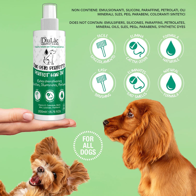 Natural 3 in 1 Spray for Dog Hair: Deodorant, Detangler and Polishing, Lavender and Mint Fragrance, enriched with Vitamin E, Panthenol, Biotin, Calendula - Made in Italy, Dulàc Pet Care - PawsPlanet Australia