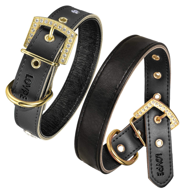 [Australia] - LOVPE 3 Rows Personalized Rhinestone Leather Bling Crystal Dog Collar with Golden Rhinestone Buckle for Small Medium Breeds S(Neck for:11-13 Inch) Black 