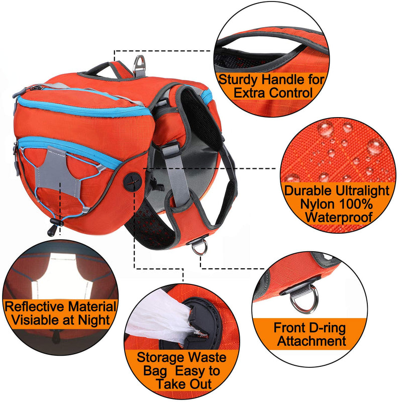 PETTOM Dog Saddle Bags Adjustable Detachable Dogs Hiking Harness with Pockets for Outdoor Walking Hunting(Orange,M) M Orange - PawsPlanet Australia