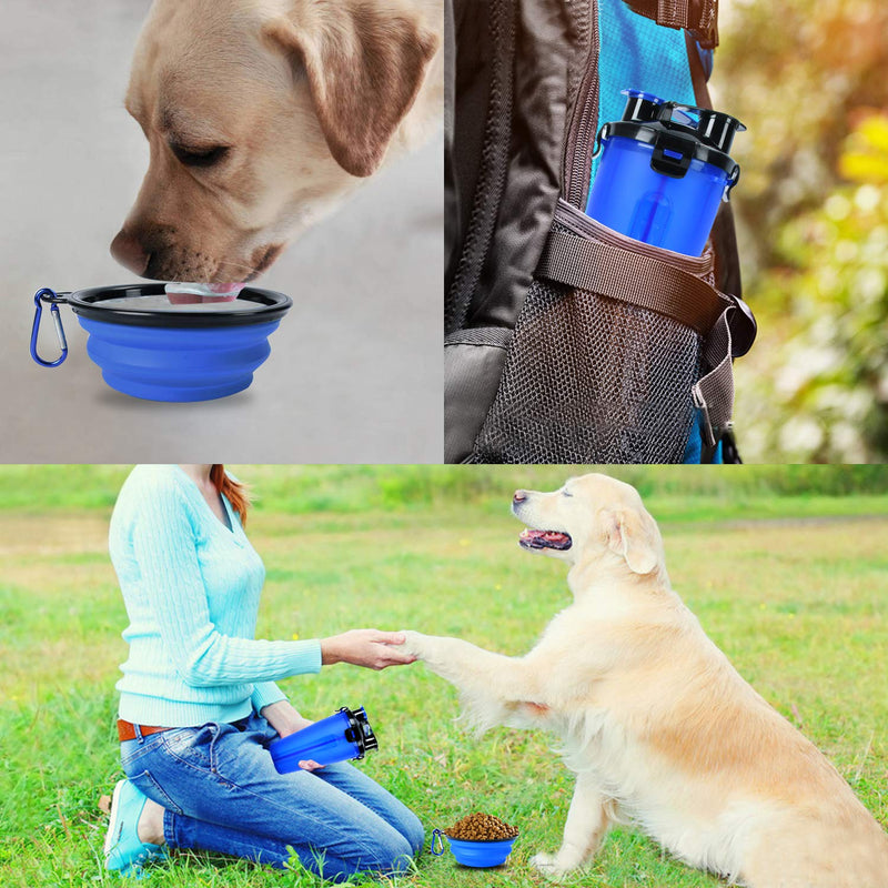 KATELUO Portable Travel Water Bottle and Food Container, Dog Travel Water Bottle with 2 Collapsible Bowls, Pet Water Bottle for Walking, Hiking, Travelling, Suitable for Dogs, Cats, Pets (Blue) Blue - PawsPlanet Australia