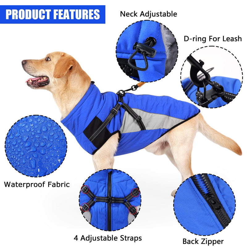 HEYWEAN Waterproof Dog Coat with Harness Reflective Winter Warm Dog Jacket for Small Medium Large Dogs Dog Sweater Fleece Dog Winter Coat Cold Weather Winter Jacket Warm Coat for Dog M Blue - PawsPlanet Australia