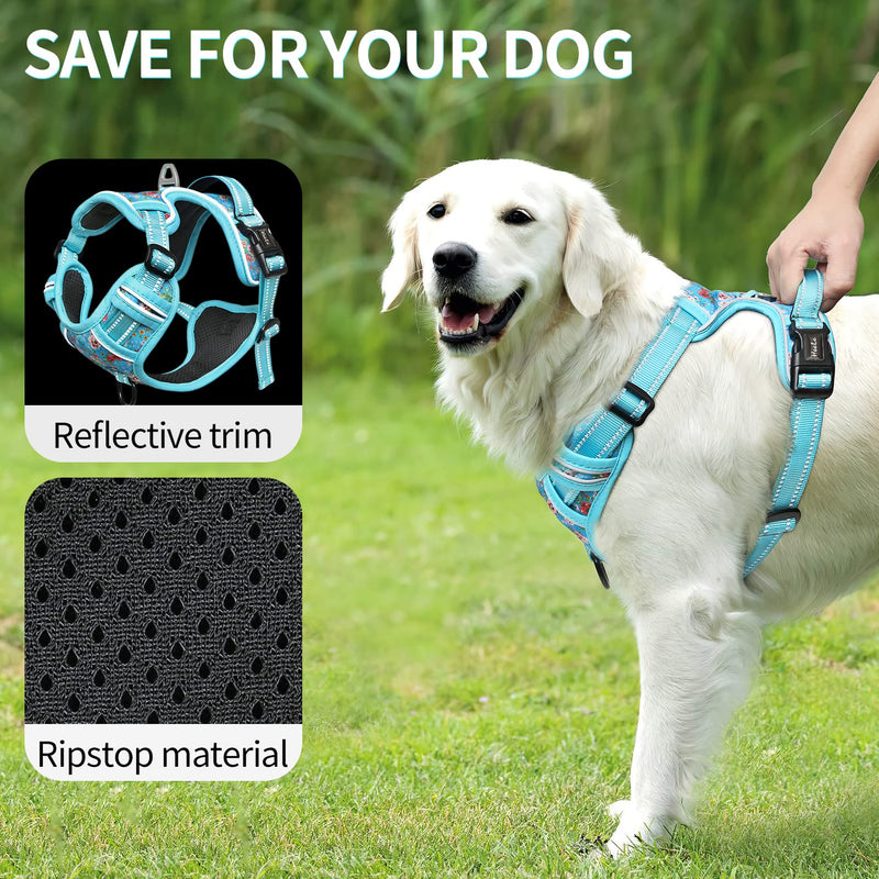 HEELE Dog Harness Harness for Small Dogs No Pull Dog Vest Harness for Small Dog with Soft Padded Handle Reflective for Outdoor Training, Flower-Azure, S - PawsPlanet Australia