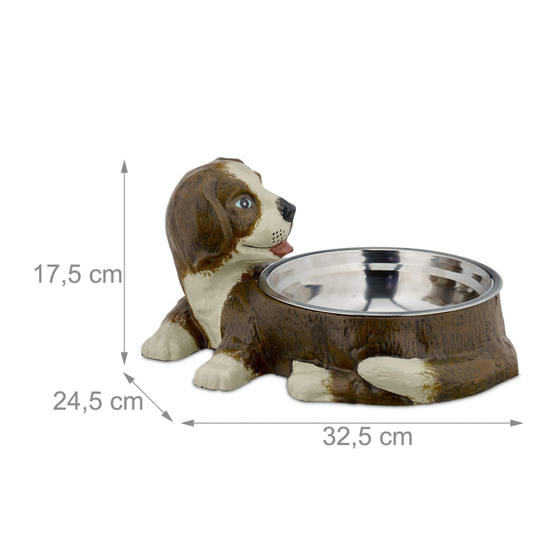 Relaxdays Cast Iron Dog Figurine, Medium Breeds, 1 L Stainless Steel Bowl, HWD 17.5x32.5x24.5 cm, Brown - PawsPlanet Australia