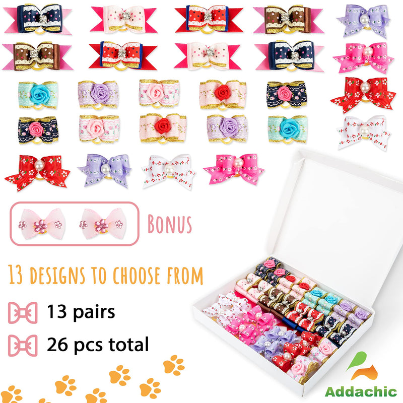 Addachic 26 Pcs/13 Pairs Dog Hair Bows for Pet Grooming Cute Accessories for Small Medium Large Pet-Professional Bow Ties with Elastic Bands for Puppy Yorkie Poodle Shih Tzu Labrador-Mixed Patterns - PawsPlanet Australia