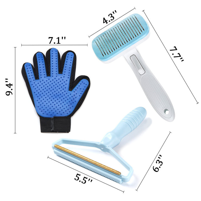 Coopupet Pet Hair Cleaning Set, Self Cleaning Slicker Brush+Lint Remover+Grooming Glove 3 In 1 for Dog & Cat Grooming Kit for Long & Short Haired Pets, Reduces Shedding, Efficient Fur Removal Tools, Bathing Glove (Blue) Blue - PawsPlanet Australia