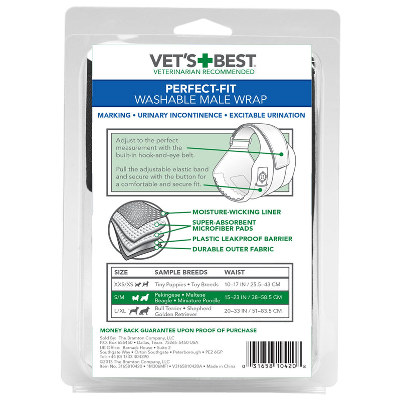 [Australia] - Vet's Best Washable Male Dog Diapers | Absorbent Male Wraps with Leak Protection | Excitable Urination, Incontinence, or Male Marking | 1 Reusable Dog Diaper Per Pack S/M 