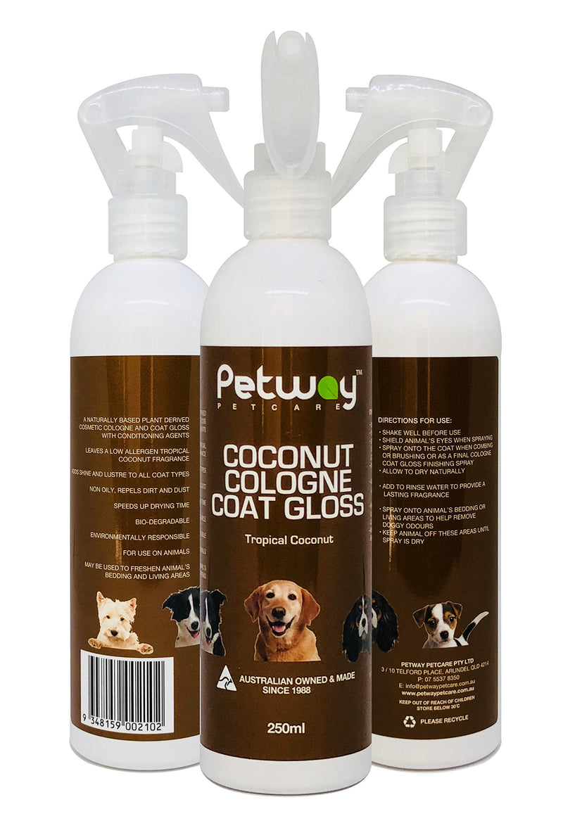 [Australia] - PETWAY Petcare Coconut Cologne Coat Gloss – Natural Cosmetic Dog Cologne Spray with Coconut for Conditioning Qualities, Dog Gloss with Deodorizer, Pet Odor Eliminator and Dog Grooming Spray – 250ml 