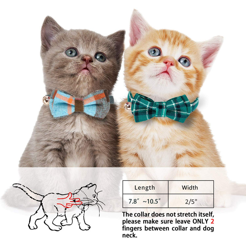[Australia] - KUDES 2 Pack/Set Cat Collar Breakaway with Cute Bow Tie and Bell for Kitty and Some Puppies, Adjustable from 7.8-10.5 Inch Cyan-blue+Blue-gray Plaid 