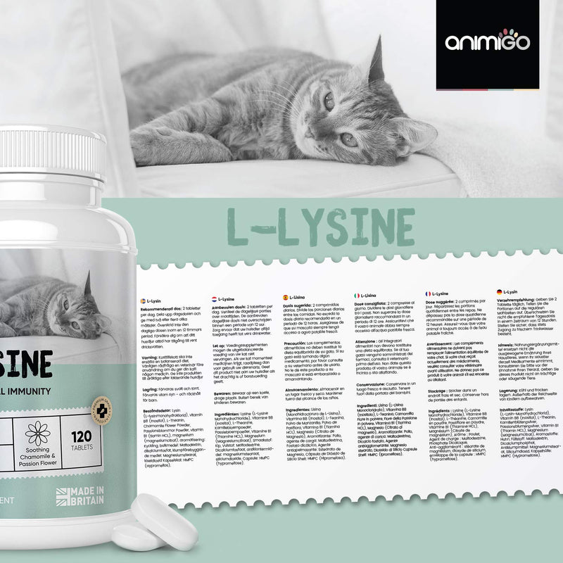 Animigo L-Lysine Tablets For Cats - 120 Tablets - Natural L-Lysine Cat Food Supplement For Immunity Support & Anxiety Relief - With Vitamin B Complex, Theanine, Magnesium & Chamomile - Made In UK - PawsPlanet Australia