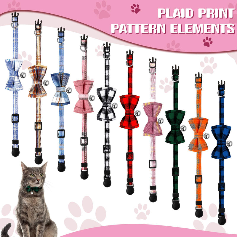 Weewooday 10 Pieces Breakaway Cat Collar with Bow Tie and Bell, Kitten Collar for Cat, Adjustable Kitty Safety Collars with Cute Plaid Patterns - PawsPlanet Australia