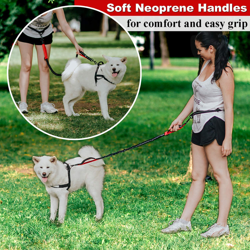 [Australia] - CHUNKY PAW Hands Free Dog Leash for Running, Walking, Hiking, Jogging,Training for Medium and Large Dogs up to 150 lbs, Durable Dual Handle Waist Leash with Reflective Bungee and Adjustable Waist Belt Black with Red 