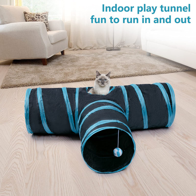 Cat Tunnel, Collapsible Cat Tube with Play Ball, 3 Ways Cat Tunnels for Indoor Cats, Bored Cat Pet Toys Puppy, Kitty, Kitten, Rabbit Black & Blue - PawsPlanet Australia