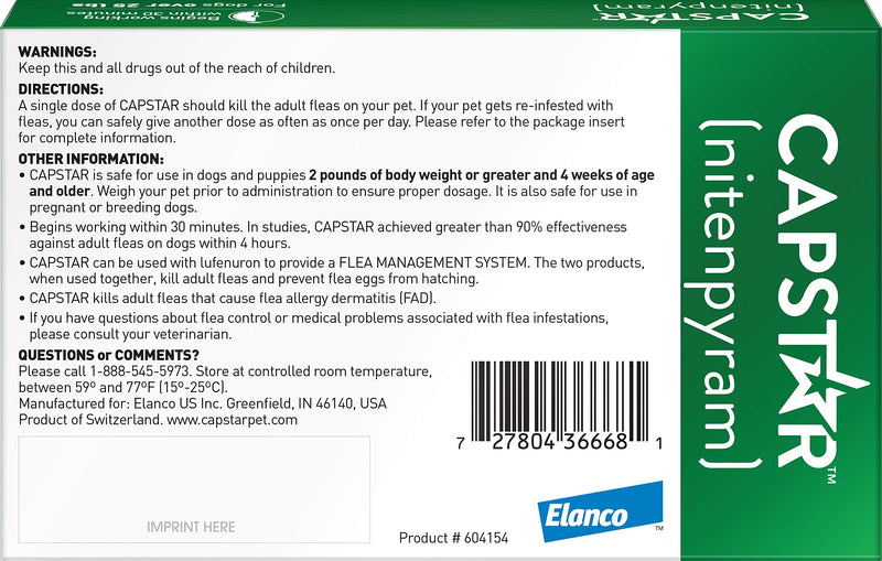 Capstar Green Box Flea Oral Treatment for Large Dogs Over 25lbs. 6 Pill/tablets (CA4925Y07AM) - PawsPlanet Australia