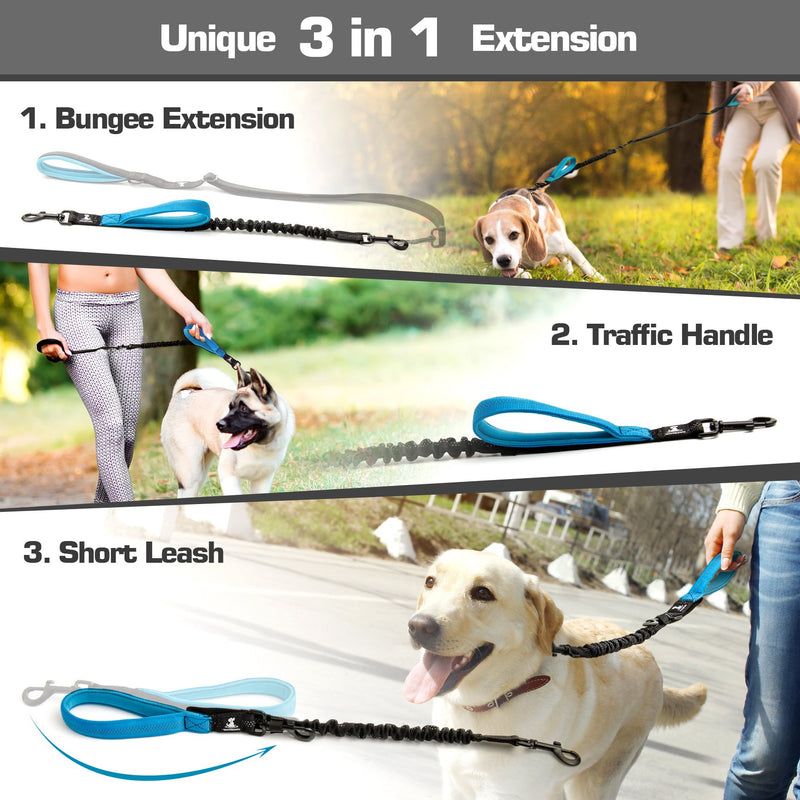 [Australia] - SparklyPets Adjustable Leash 3 in 1 Shock-Absorbing Bungee Extension Set – Heavy Duty Dog Leash Medium Large Breeds Made from Durable Nylon – Reduces Pulling Shocks Prevents Injuries Blue 