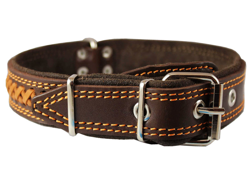 [Australia] - Genuine Leather Braided Dog Collar, Brown 1.5" Wide. Fits 17"-22" Neck. 