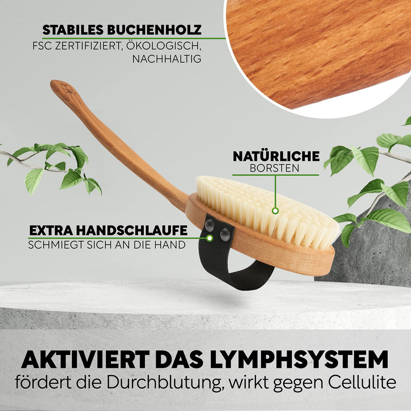 Sustainable body brush: bath brush made of wood and natural bristles (sisal & horsehair). Body Brush, Long Handle Back Brushes, Wet Brush & Dry Brush. 100% German production. MEDIUM-STRONG bristles (bristles made of sisal & horsehair) - PawsPlanet Australia