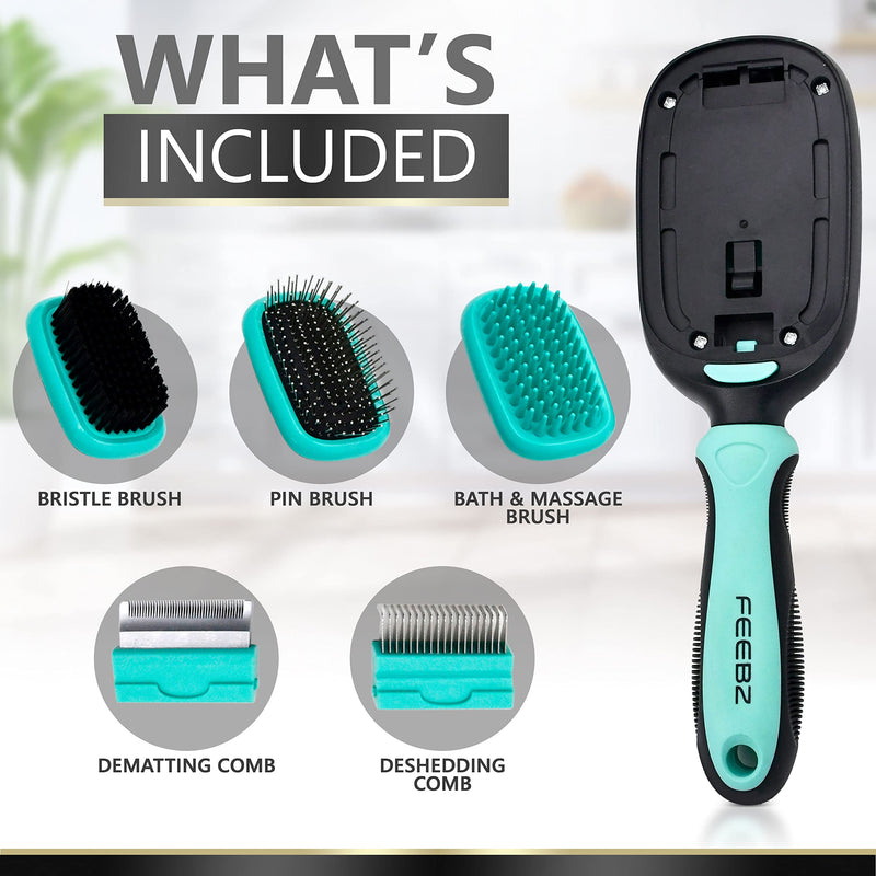 FEEBZ Dog Brush and Cat Brush | 5-in-1 Grooming Kit, Comb and Brush Accessories for Deshedding and Dematting Cats and Dogs | Brushes for Long Hair or Short Haired Pet | Prevent Shedding and Remove Fur - PawsPlanet Australia