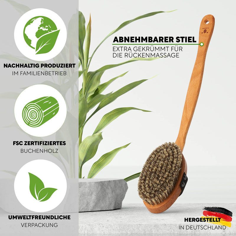 Sustainable body brush: bath brush made of wood and natural bristles (sisal & horsehair). Body Brush, Long Handle Back Brushes, Wet Brush & Dry Brush. 100% German production. MEDIUM-STRONG bristles (bristles made of sisal & horsehair) - PawsPlanet Australia