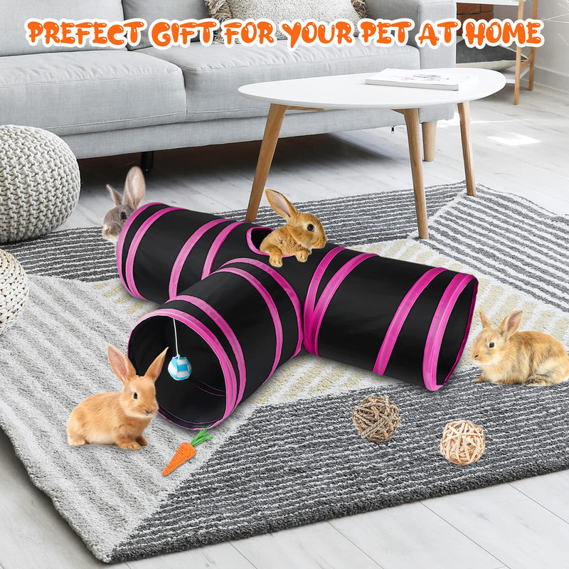 Tiibot Bunny Tunnels Collapsible 3 Way Bunny Hideout Tunnels & Tubes Guinea Pig Tunnel, with 7 Pieces Pets Chew Toys Small Tunnel Hideaway Toys for Dwarf Rabbits Bunny Guinea Pigs Kitty Hot Pink - PawsPlanet Australia