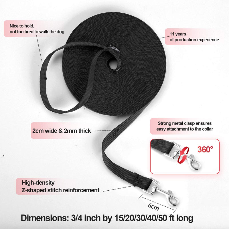 Siumouhoi Dog/Puppy Obedience Recall Training Agility Lead-15 ft 20 ft 30 ft 40 ft 50 ft Long Leash -for Training Leash, Play, Safety, Camping,or Backyard 15 Feet Black - PawsPlanet Australia